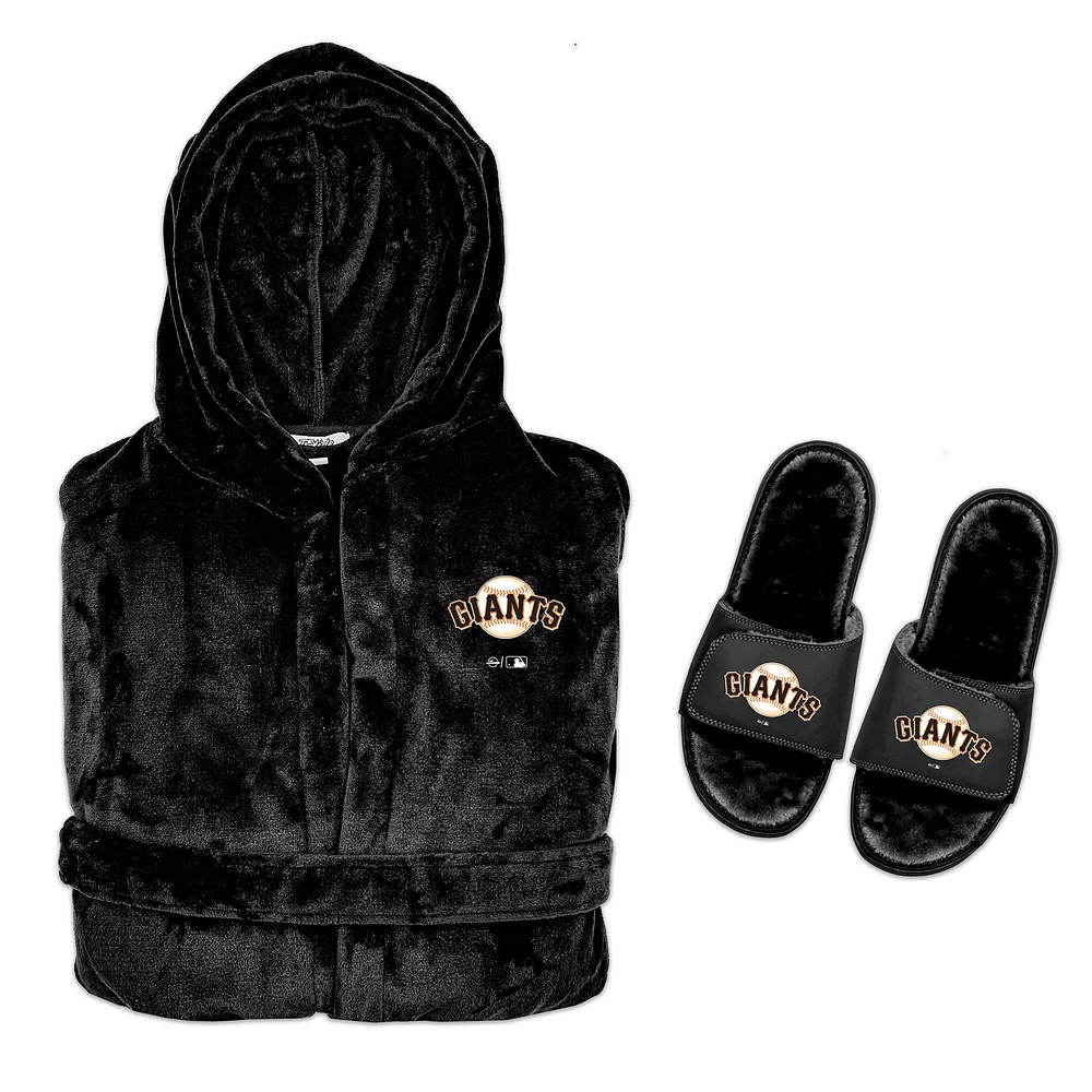 Men's ISlide Black San Francisco Giants Hooded Phantom Robe & Fur Slide Bundle