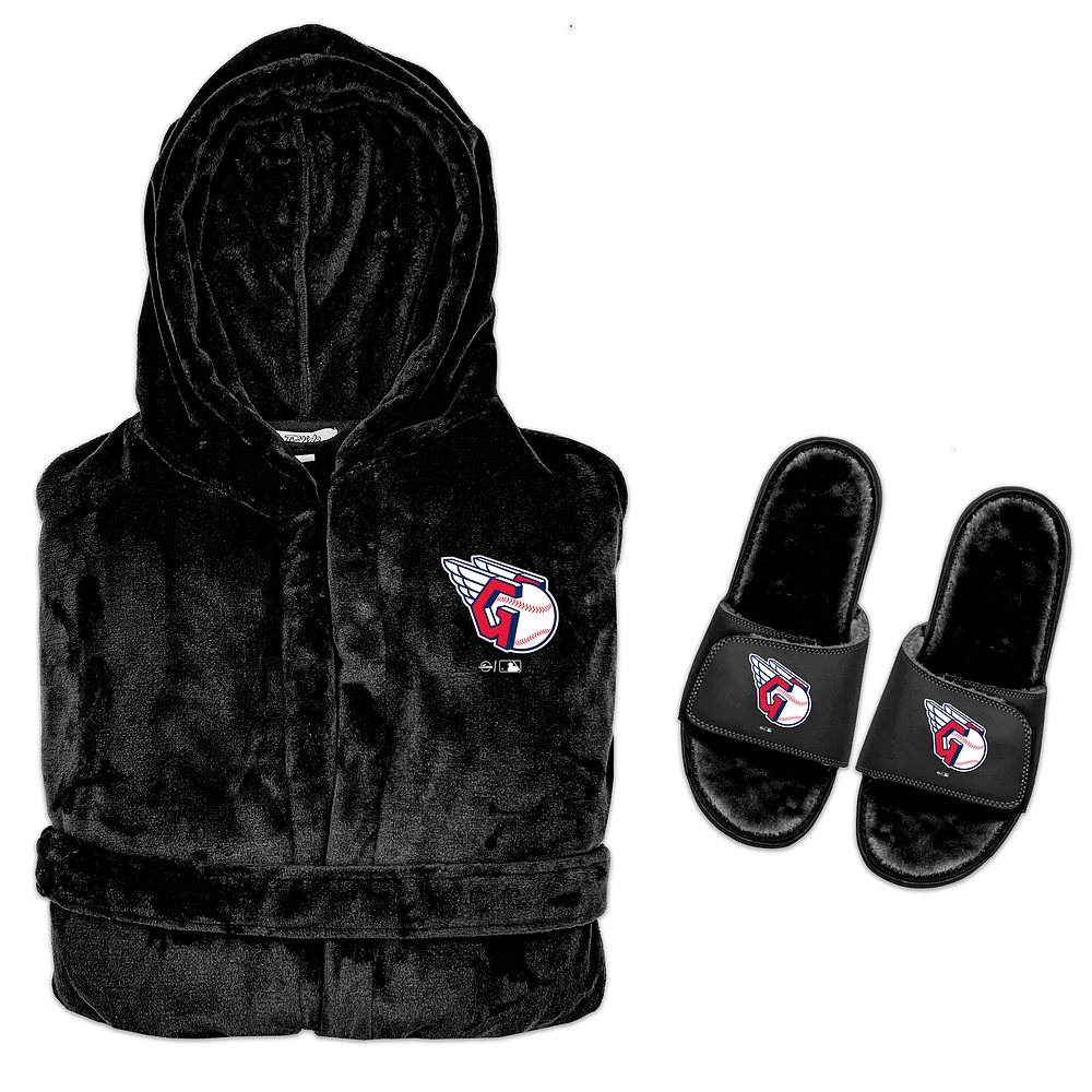 Men's ISlide Black Cleveland Guardians Hooded Phantom Robe & Fur Slide Bundle