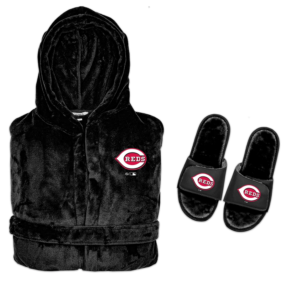 Men's ISlide Black Cincinnati Reds Hooded Phantom Robe & Fur Slide Bundle