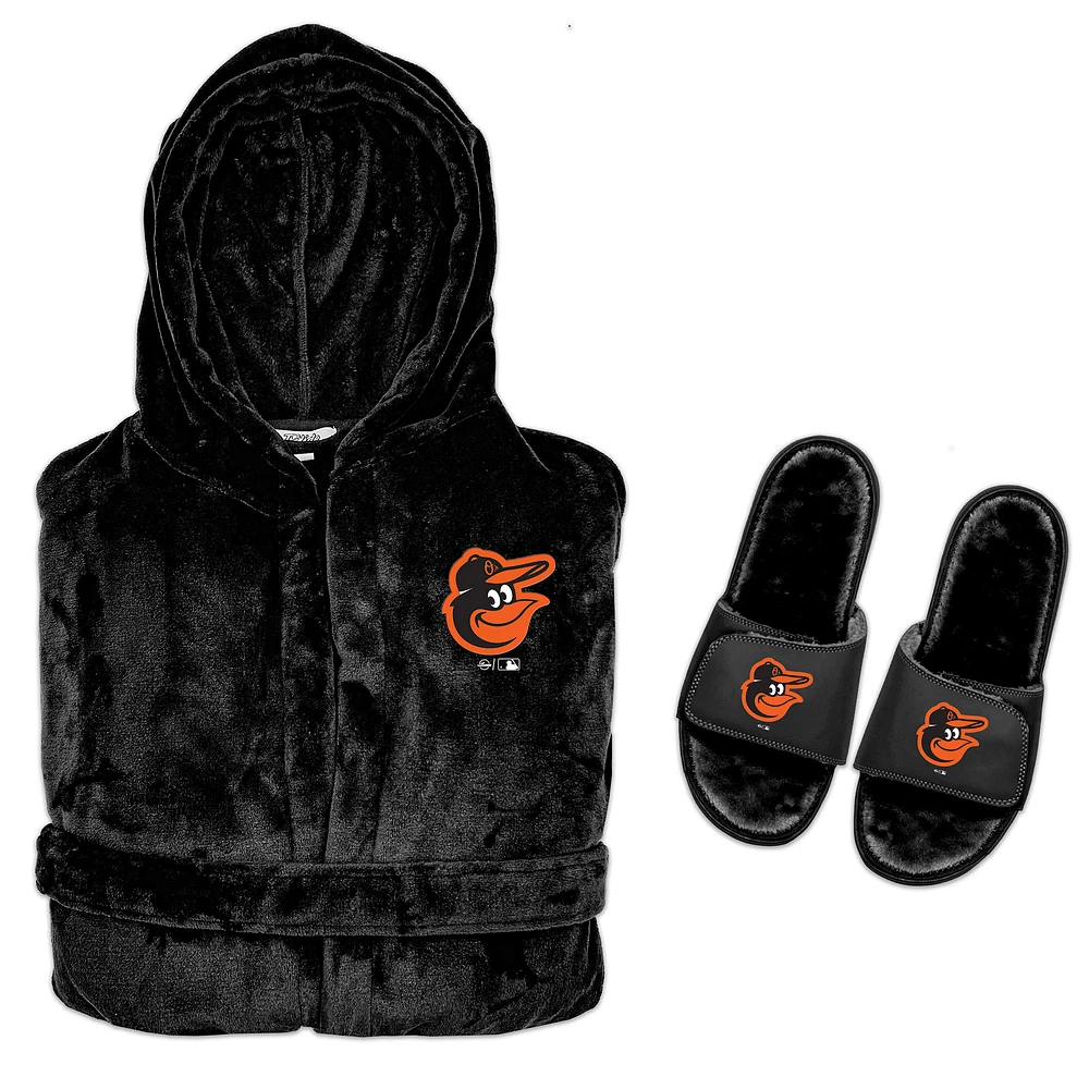 Men's ISlide Black Baltimore Orioles Hooded Phantom Robe & Fur Slide Bundle