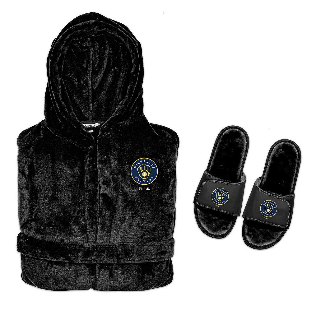 Men's ISlide Black Milwaukee Brewers Hooded Phantom Robe & Fur Slide Bundle