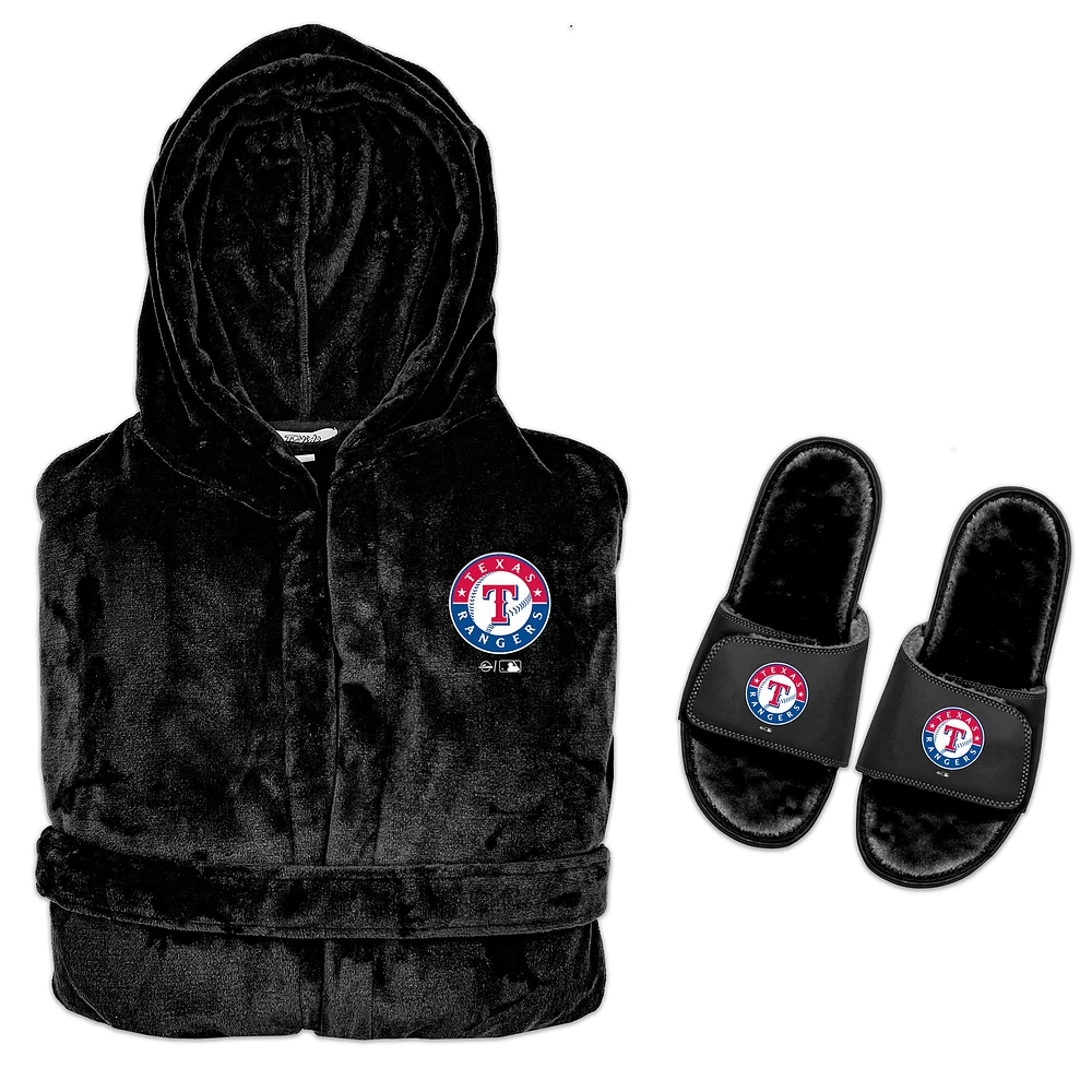 Men's ISlide Black Texas Rangers Hooded Phantom Robe & Fur Slide Bundle