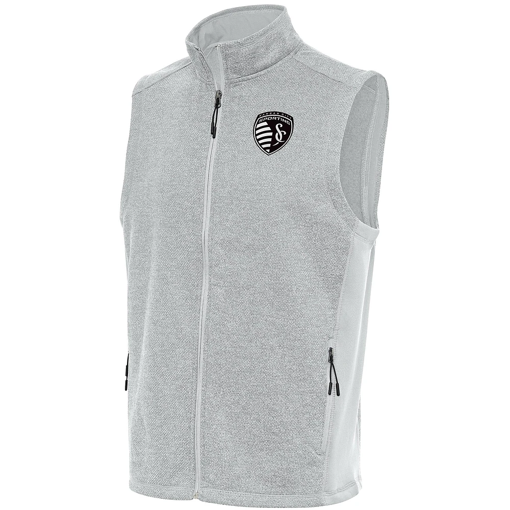 Men's Antigua Gray Sporting Kansas City Brushed Metallic Course Full-Zip Vest