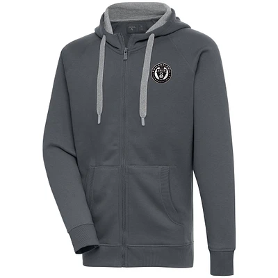 Men's Antigua Charcoal Philadelphia Union Brushed Metallic Victory Raglan Full-Zip Hoodie
