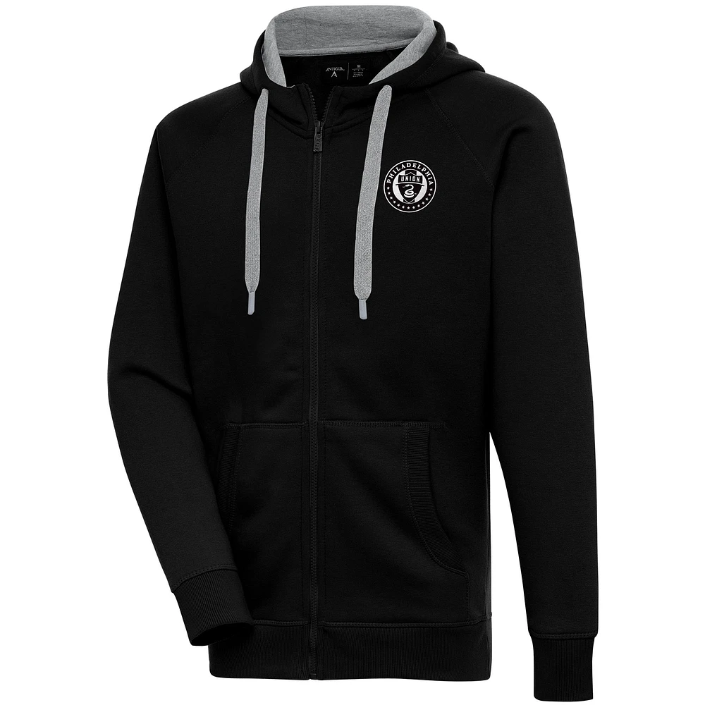 Men's Antigua Black Philadelphia Union Brushed Metallic Victory Raglan Full-Zip Hoodie