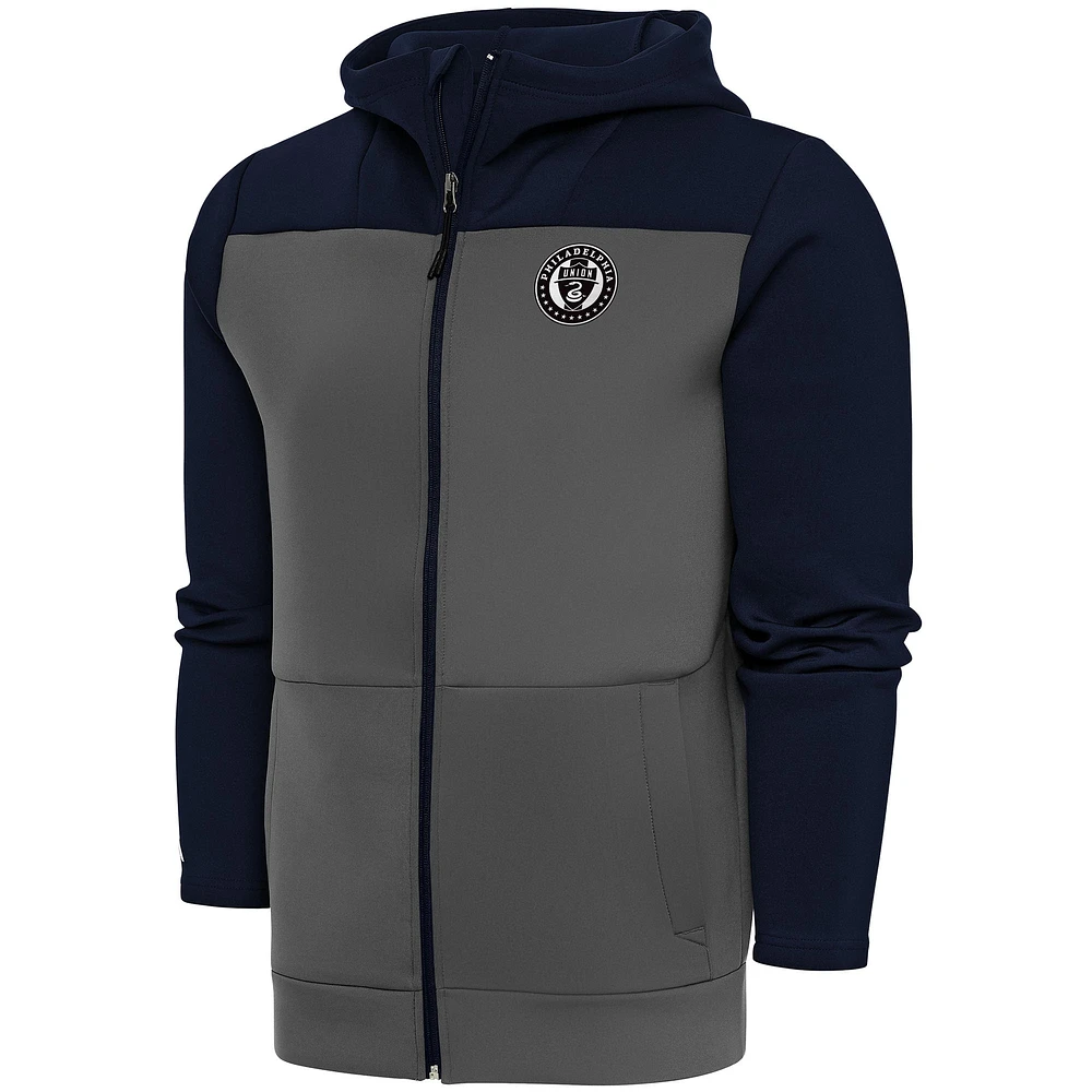 Men's Antigua Navy/Steel Philadelphia Union Brushed Metallic Protect Full-Zip Hoodie