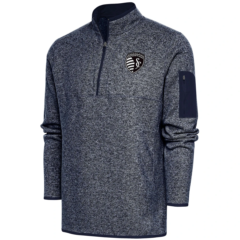 Men's Antigua Heather Navy Sporting Kansas City Brushed Metallic Fortune Quarter-Zip Jacket