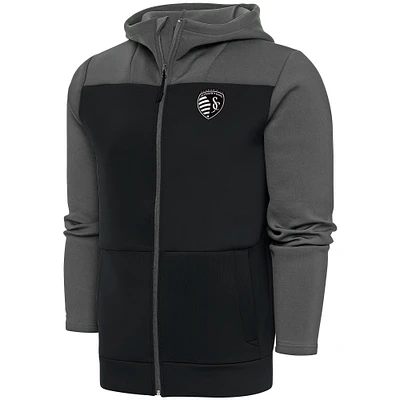 Men's Antigua Steel/Gray Sporting Kansas City Brushed Metallic Protect Full-Zip Hoodie