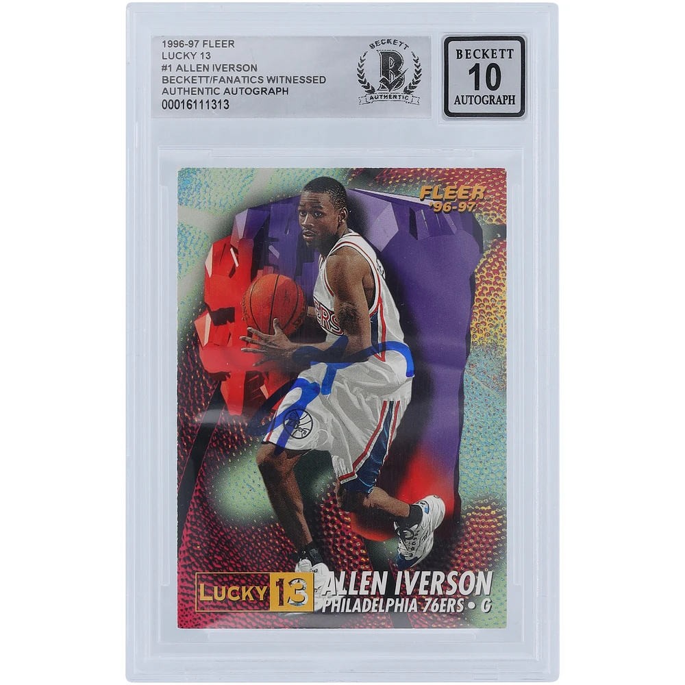 Allen Iverson Philadelphia 76ers Autographed 1996-97 Fleer Lucky 13 #1 Beckett Fanatics Witnessed Authenticated 10 Rookie Card
