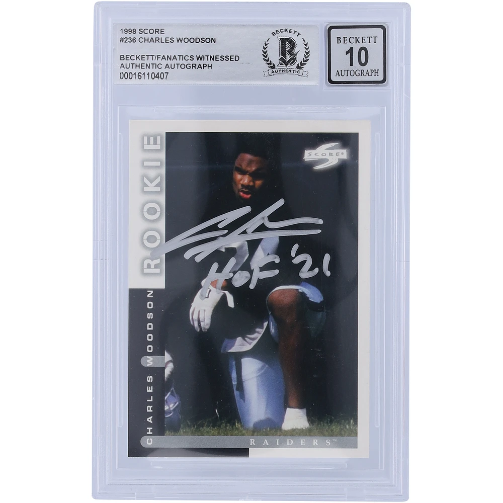 Charles Woodson Oakland Raiders Autographed 1998 Score Silver Ink #236 Beckett Fanatics Witnessed Authenticated 10 Rookie Card with "HOF 21" Inscription