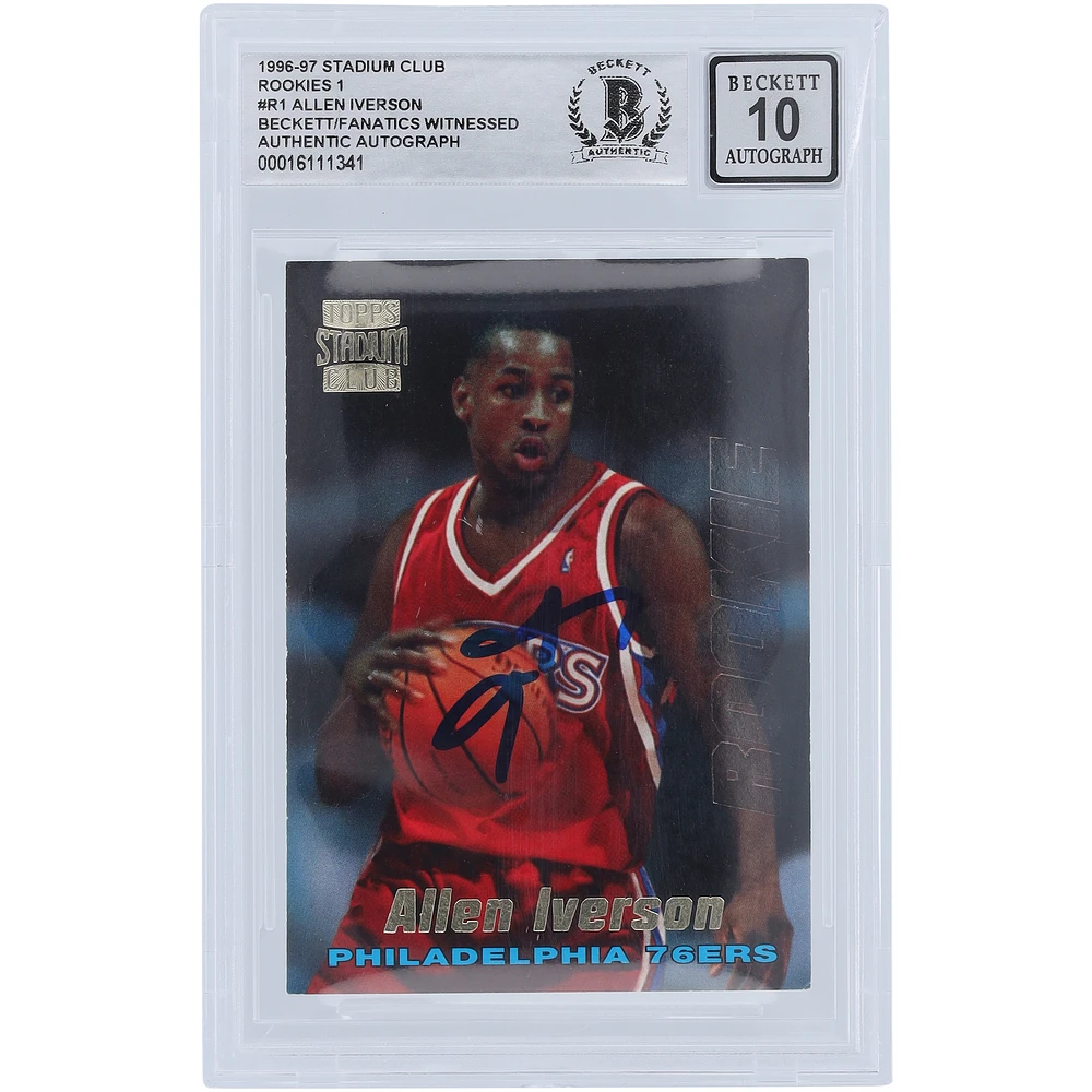 Allen Iverson Philadelphia 76ers Autographed 1996-97 Topps Stadium Club #R1 Beckett Fanatics Witnessed Authenticated 10 Rookie Card