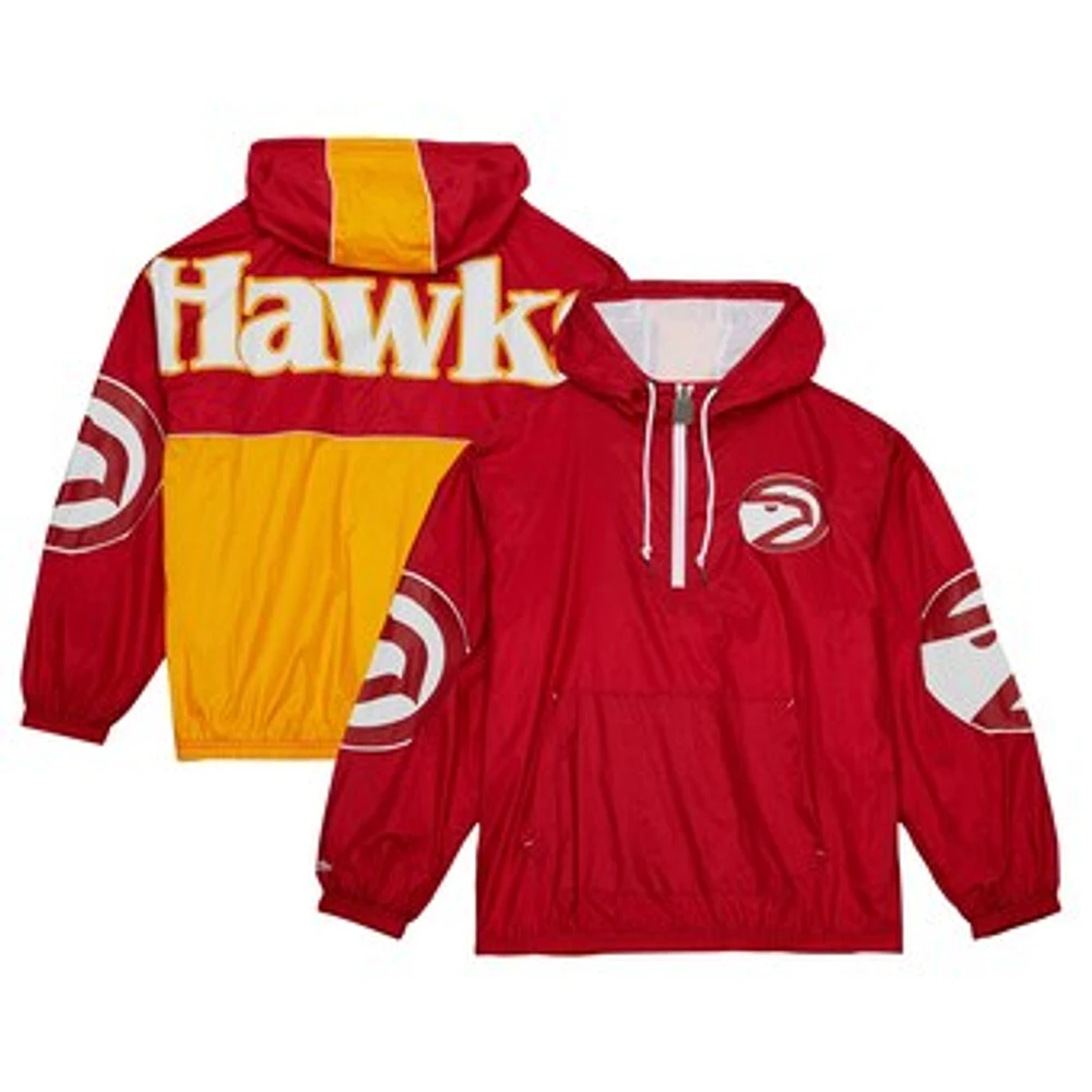 Men's Mitchell & Ness Red Atlanta Hawks Hardwood Classics Team OG 2.0 Anorak Hoodie Half-Zip Windbreaker Jacket