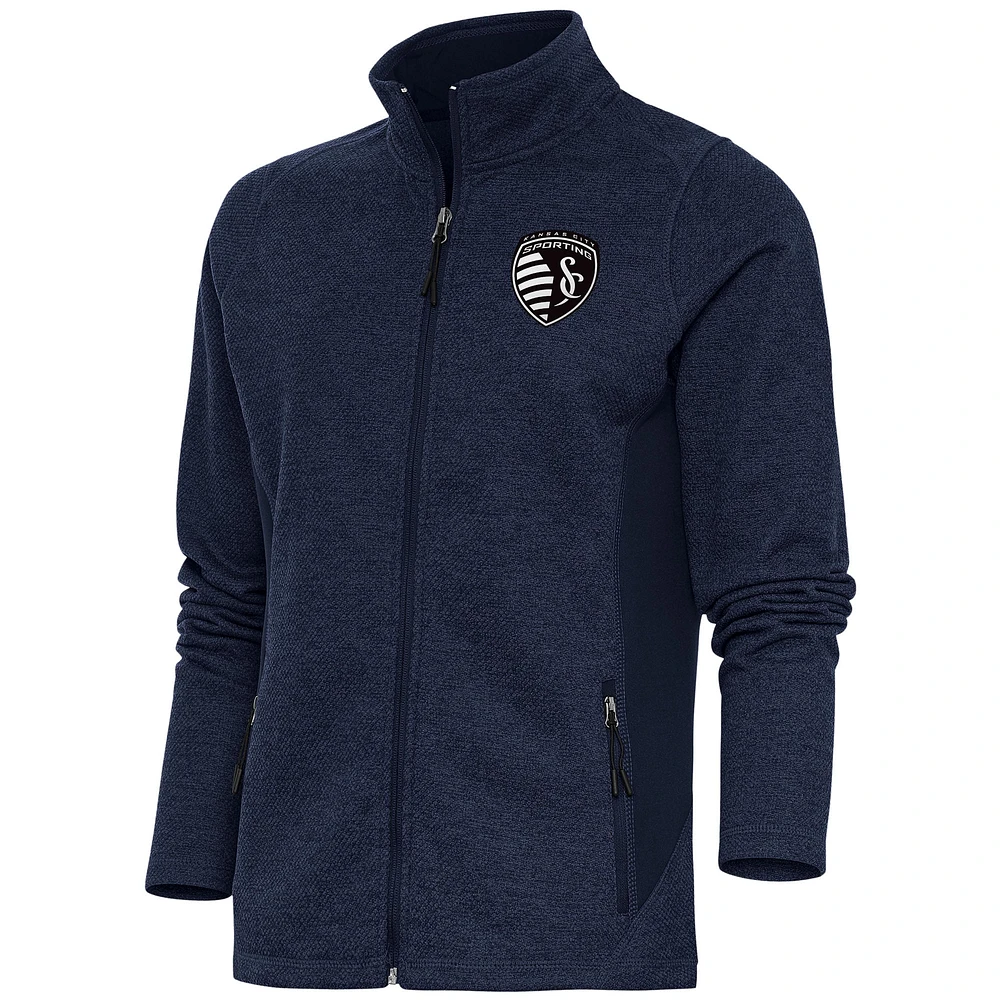 Women's Antigua Heather Navy Sporting Kansas City Brushed Metallic Course Full-Zip Jacket