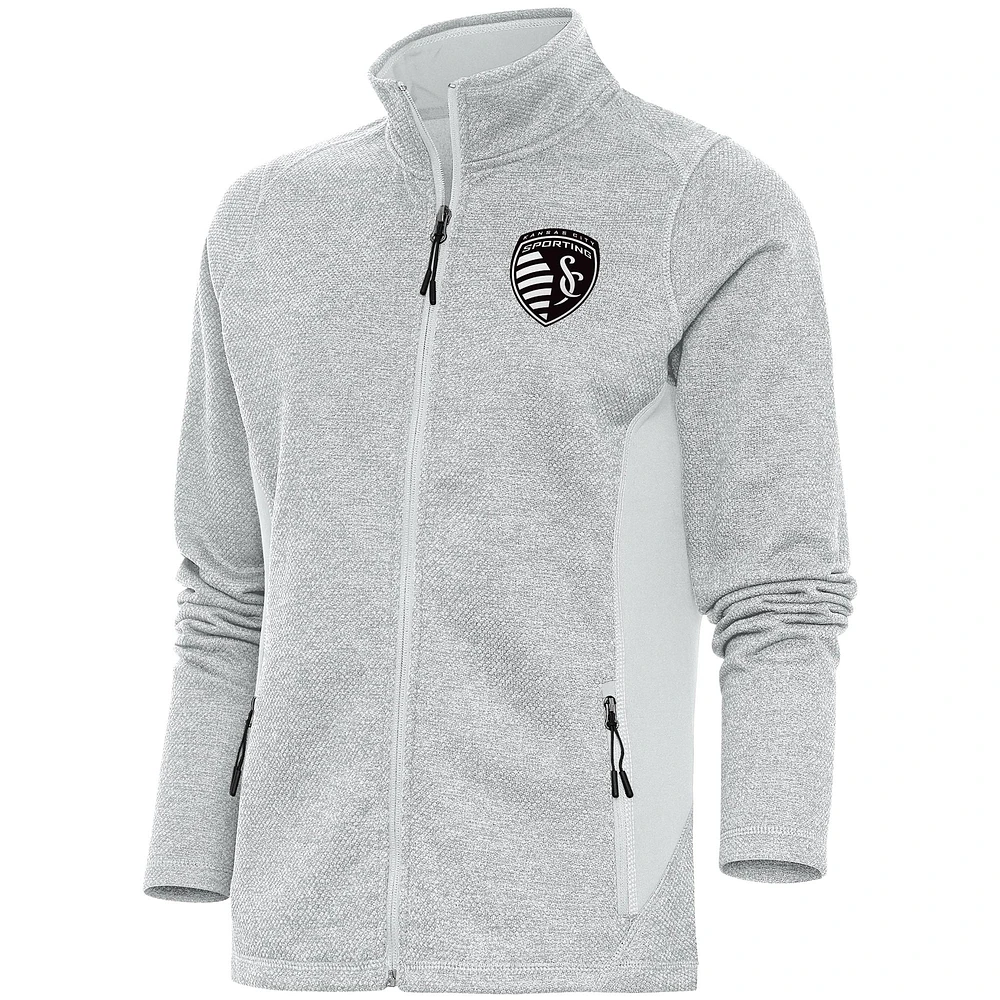 Women's Antigua Gray Sporting Kansas City Brushed Metallic Course Full-Zip Jacket