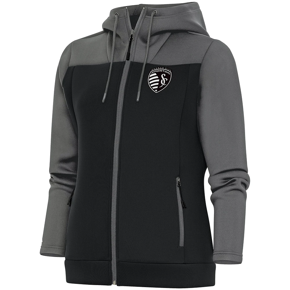 Women's Antigua Steel/Gray Sporting Kansas City Brushed Metallic Protect Full-Zip Hoodie