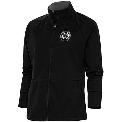 Women's Antigua Black Philadelphia Union Brushed Metallic Links Full-Zip Raglan Golf Jacket
