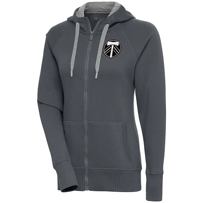 Women's Antigua Charcoal Portland Timbers Brushed Metallic Victory Raglan Full-Zip Hoodie