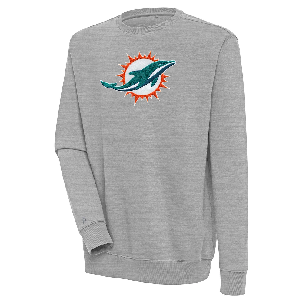 Men's Antigua Heather Gray Miami Dolphins Victory Crewneck Pullover Sweatshirt