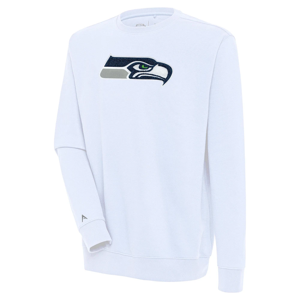 Men's Antigua White Seattle Seahawks Victory Crewneck Pullover Sweatshirt