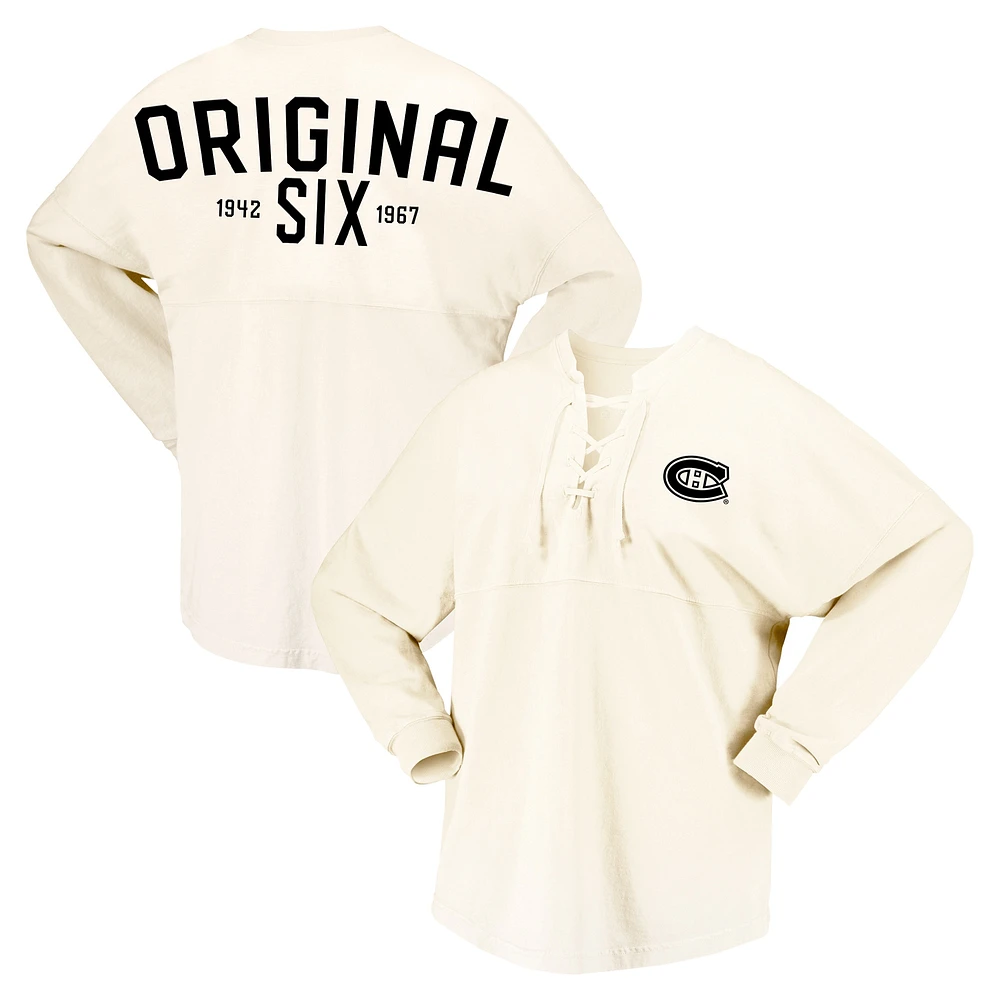 Women's Fanatics Cream Montreal Canadiens Original Six Lace-Up Spirit Jersey Long Sleeve T-Shirt