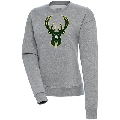 Women's Antigua Heather Gray Milwaukee Bucks Victory Crewneck Pullover Sweatshirt