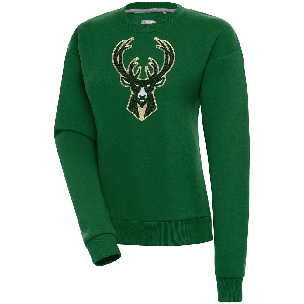 Women's Antigua Hunter Green Milwaukee Bucks Victory Crewneck Pullover Sweatshirt