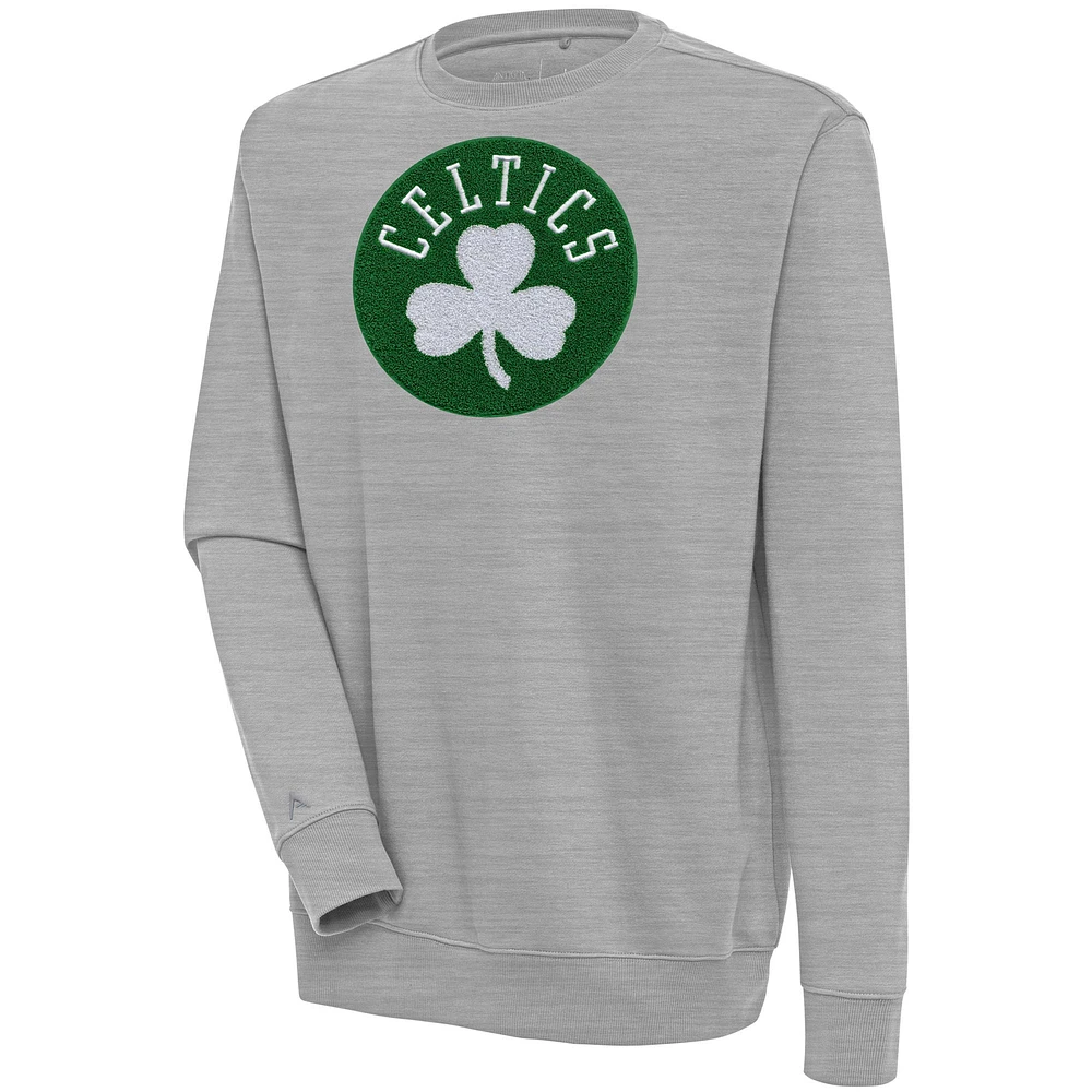 Men's Antigua Heather Gray Boston Celtics Victory Crewneck Pullover Sweatshirt
