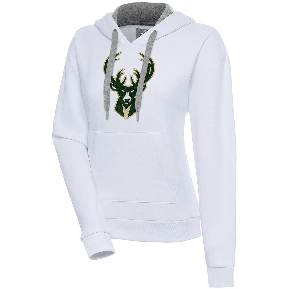 Women's Antigua White Milwaukee Bucks Victory Pullover Hoodie