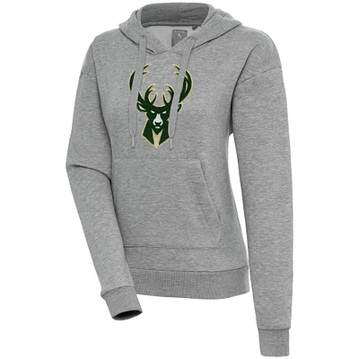 Women's Antigua Heather Gray Milwaukee Bucks Victory Pullover Hoodie