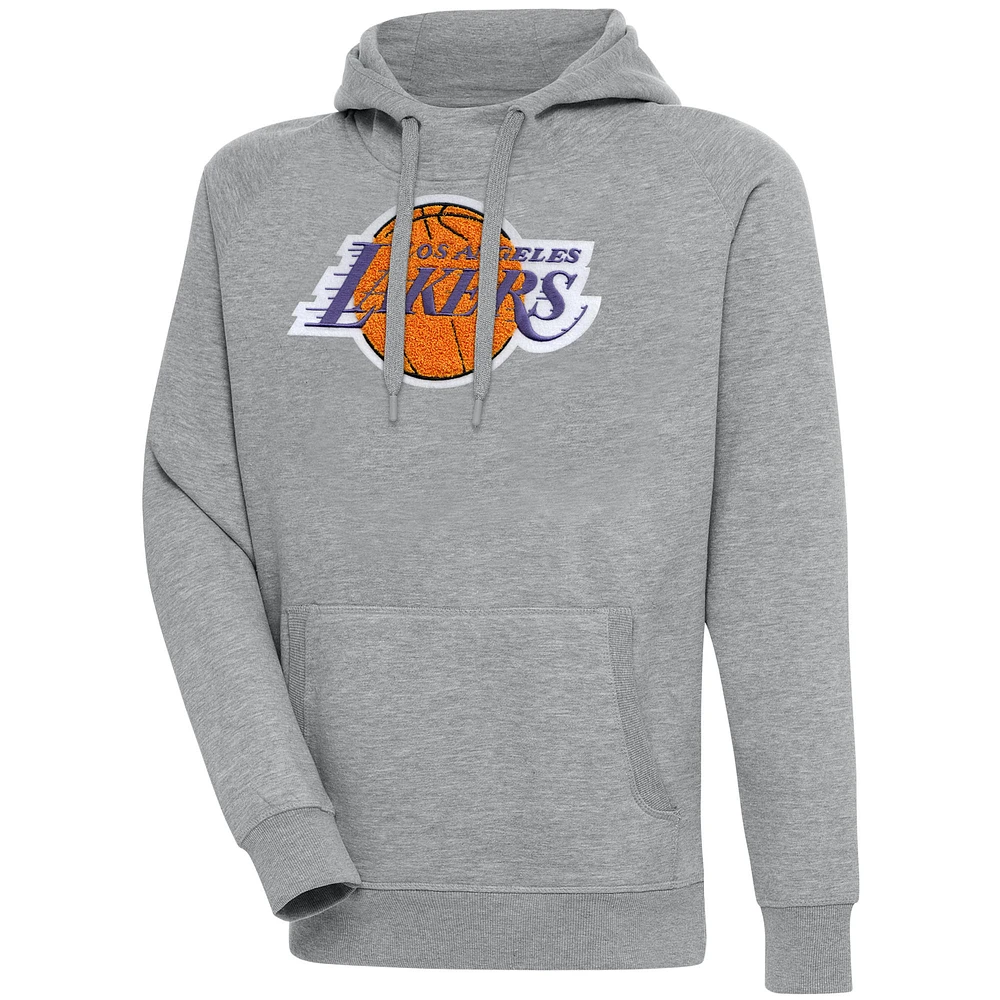 Men's Antigua Heather Gray Los Angeles Lakers Victory Pullover Hoodie