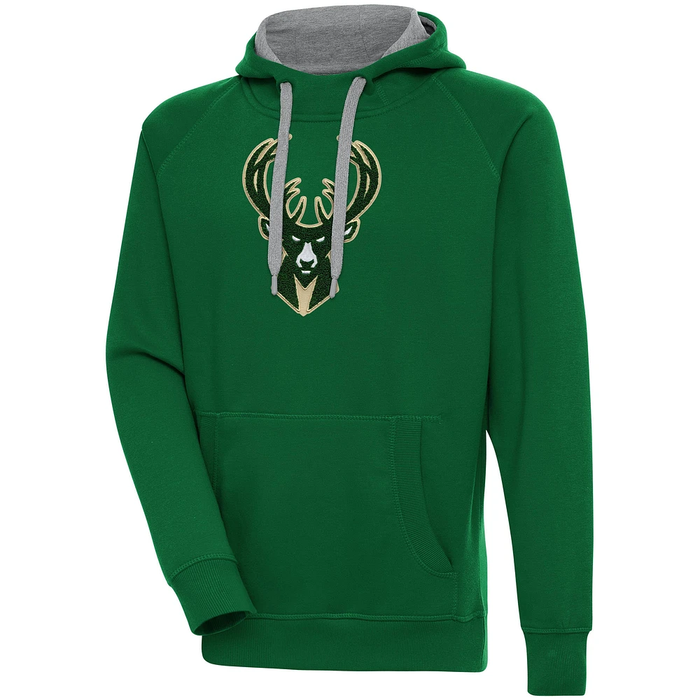 Men's Antigua Hunter Green Milwaukee Bucks Victory Pullover Hoodie