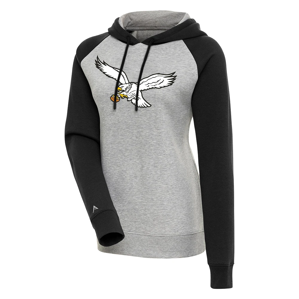 Women's Antigua Heather Gray/Black Philadelphia Eagles Throwback Logo Victory Raglan Sleeve Pullover Hoodie