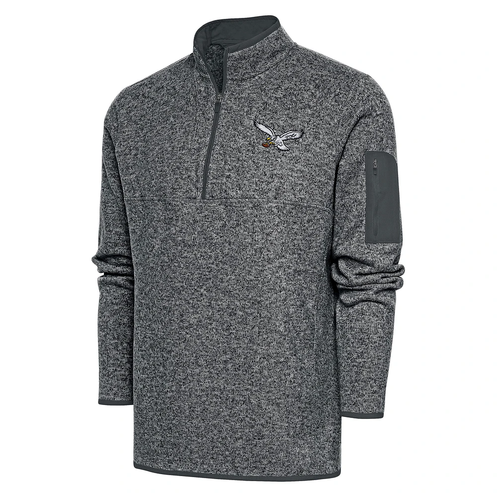 Men's Antigua Heather Gray Philadelphia Eagles Throwback Logo Fortune Quarter-Zip Pullover Jacket