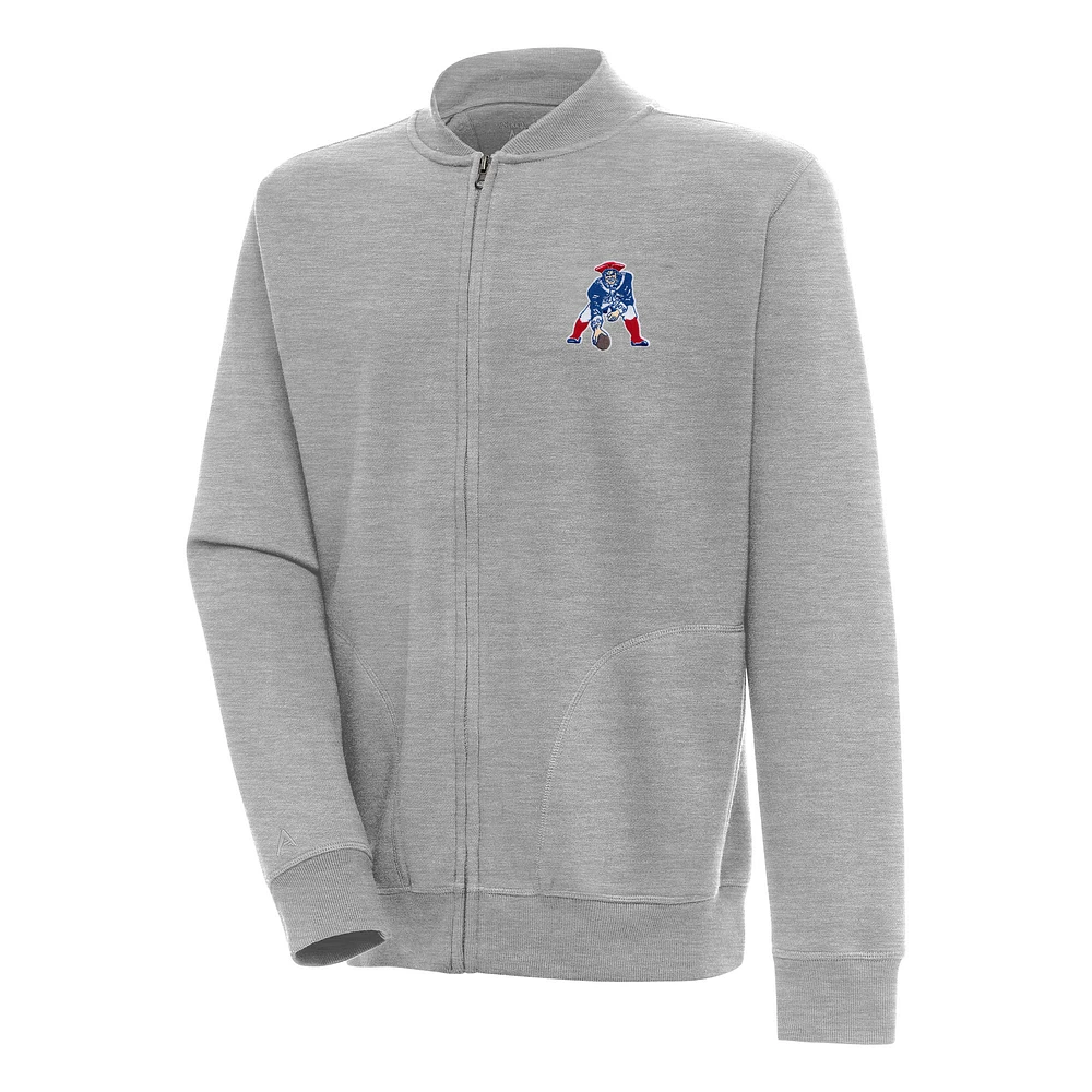 Men's Antigua Heather Gray New England Patriots Throwback Logo Victory Full-Zip Jacket