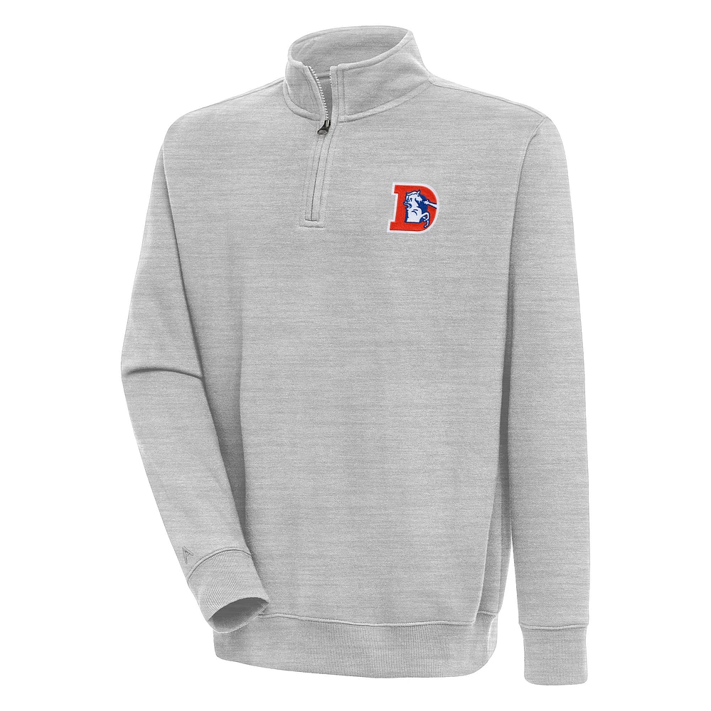 Men's Antigua Heather Gray Denver Broncos Throwback Logo Victory Quarter-Zip Pullover Top