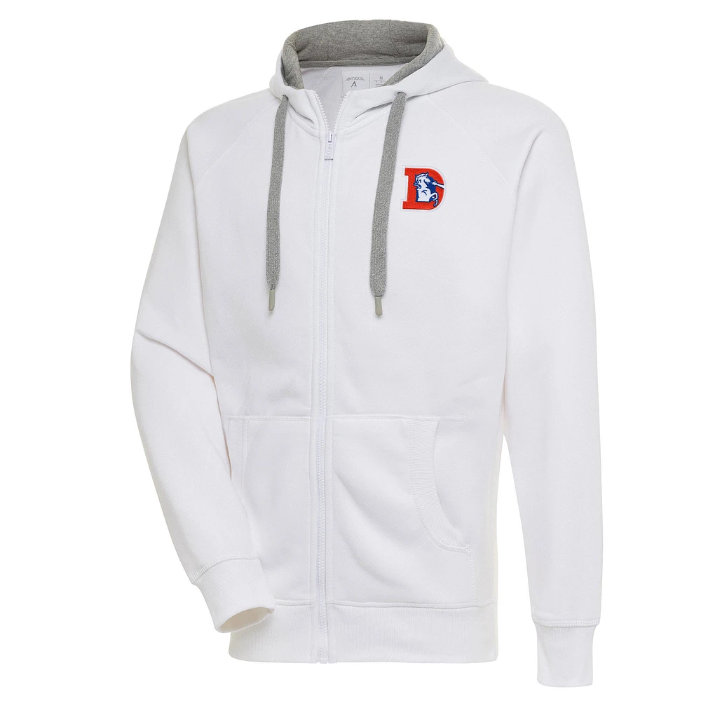 Men's Antigua White Denver Broncos Throwback Logo Victory Full-Zip Hoodie
