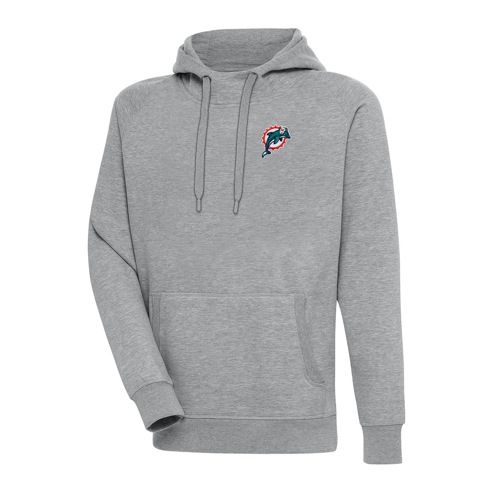 Men's Antigua Heather Gray Miami Dolphins Throwback Logo Victory Pullover Hoodie