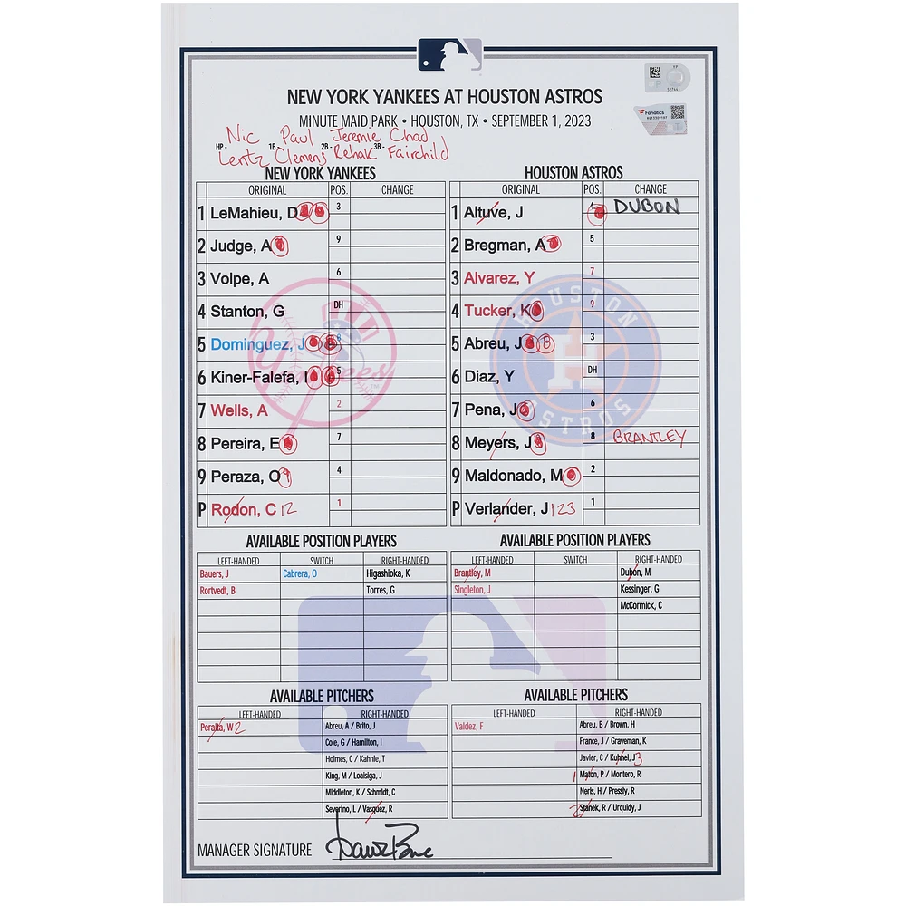 New York Yankees Game-Used Lineup Card vs. Houston Astros on September 1, 2023 - Jasson Dominguez MLB Debut