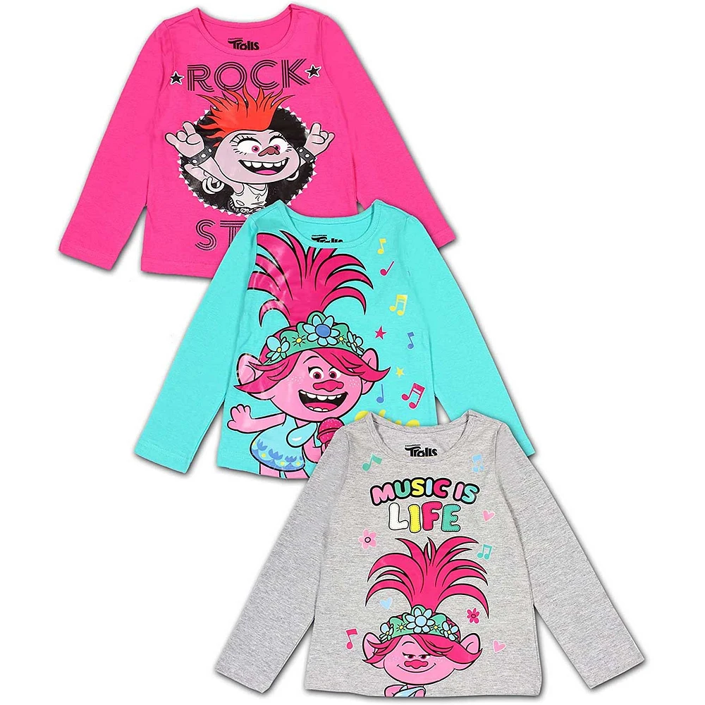 Preschool Pink/Light Blue/Heather Gray Trolls 3-Pack Long Sleeve T-Shirt Set