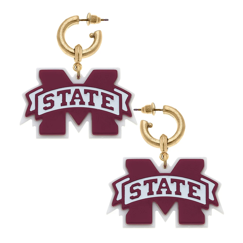Women' CANVAS Style Mississippi State Bulldogs Resin Logo Drop Hoop Earrings