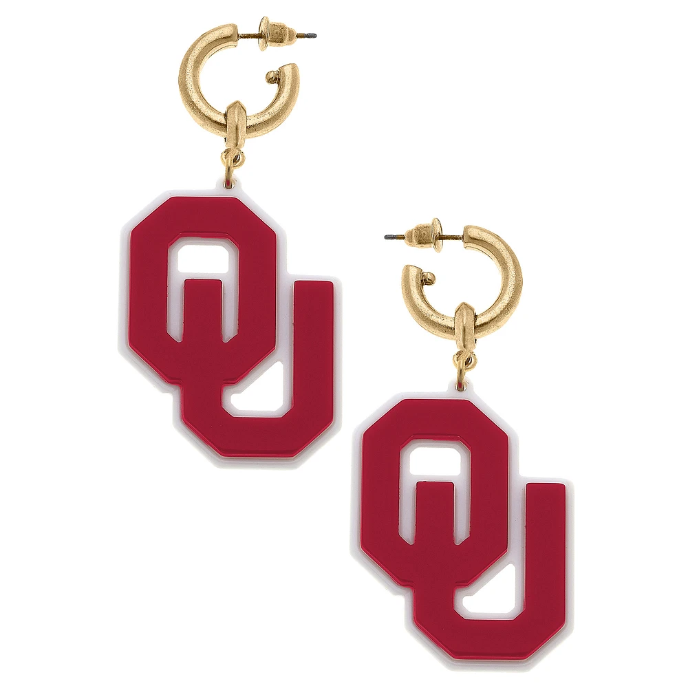Women' CANVAS Style Oklahoma Sooners Resin Logo Drop Hoop Earrings