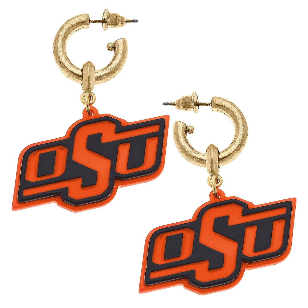 Women' CANVAS Style Oklahoma State Cowboys Resin Logo Drop Hoop Earrings