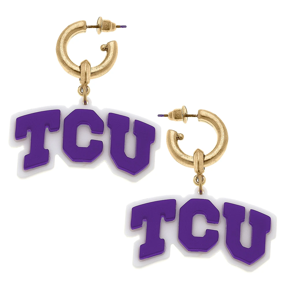 Women' CANVAS Style TCU Horned Frogs Resin Logo Drop Hoop Earrings