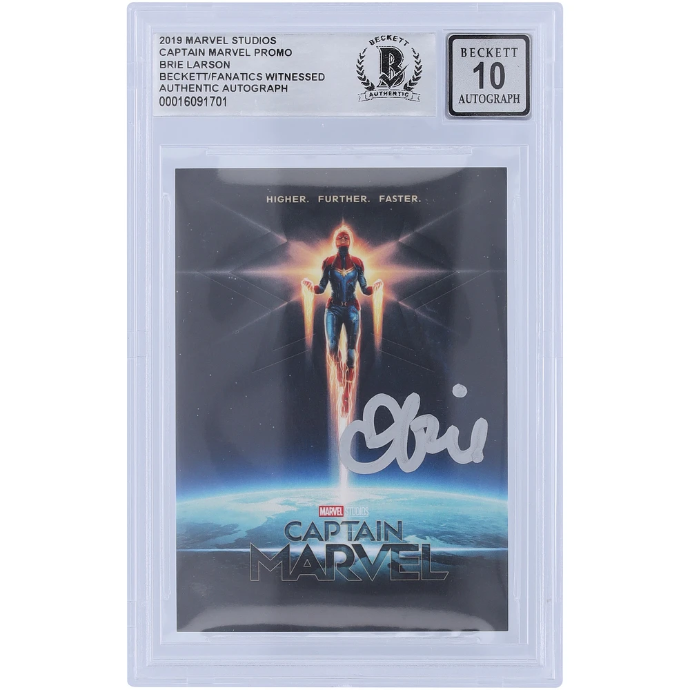 Brie Larson Captain Marvel Autographed 2019 Marvel Studios Promo Flying Silver Ink #BL Beckett Fanatics Witnessed Authenticated Card