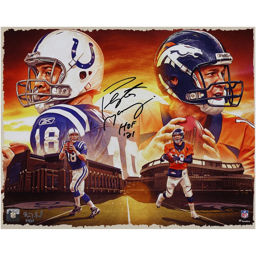 Peyton Manning Indianapolis Colts & Denver Broncos Autographed 16" x 20" Photo Print with "HOF 21" Inscription - Art by Brian Konnick - Limited Edition of 21