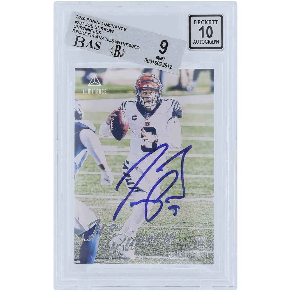 Joe Burrow Cincinnati Bengals Autographed 2020 Panini Luminance #201 Beckett Fanatics Witnessed Authenticated 9/10 Rookie Card - 9,9,9.5,10 Subgrades