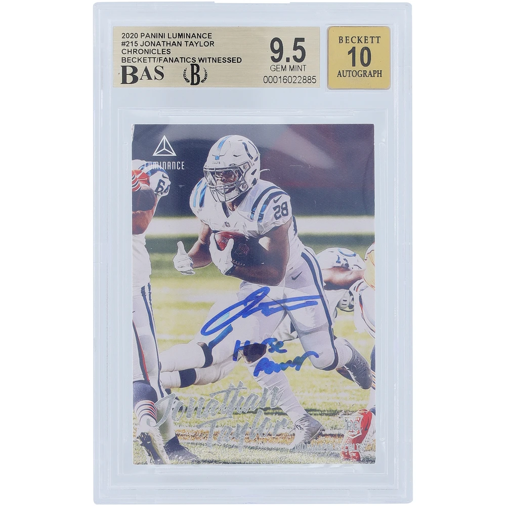 Jonathan Taylor Indianapolis Colts Autographed 2020 Panini Luminance #215 Beckett Fanatics Witnessed Authenticated 9.5/10 Rookie Card with "Horse Power" Inscription