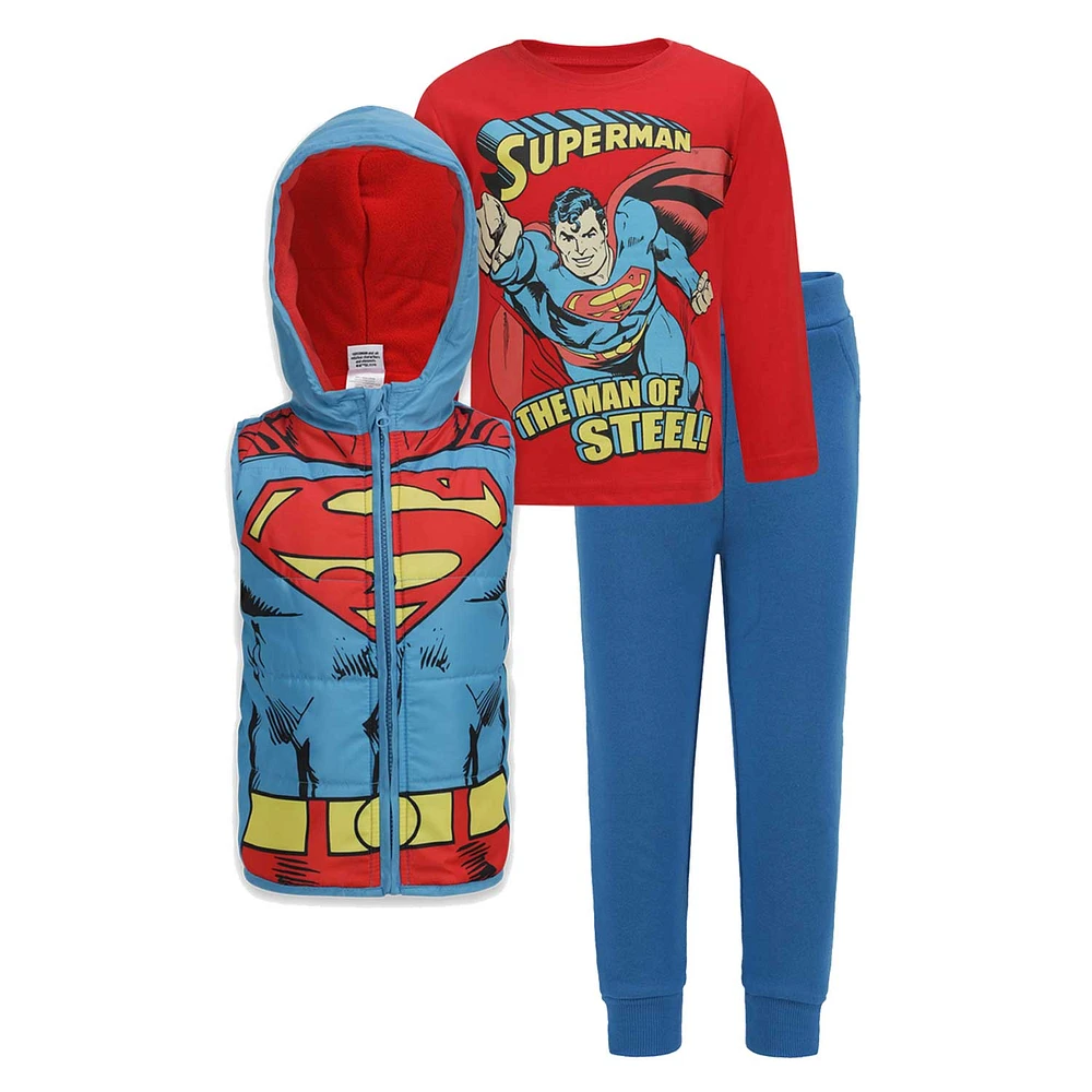 Preschool Blue Superman Long Sleeve T-Shirt, Pants & Full-Zip Hoodie Vest Set