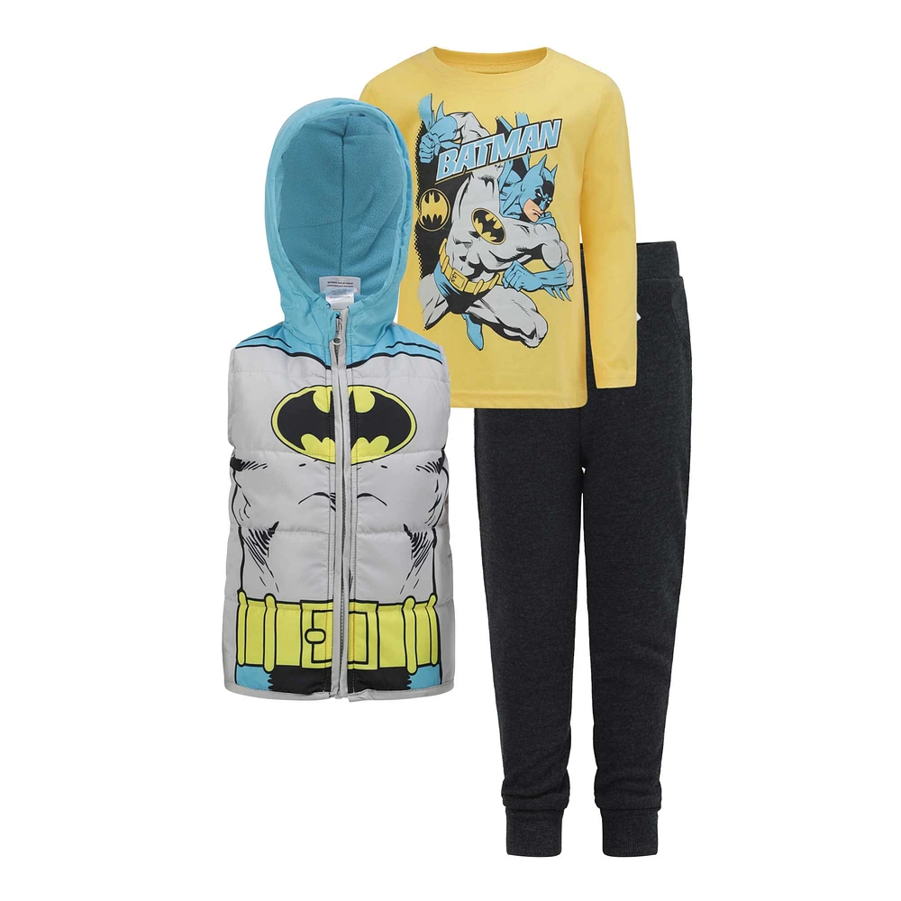 Toddler Gray/Yellow Batman Long Sleeve T-Shirt, Pants & Full-Zip Hoodie Vest Set