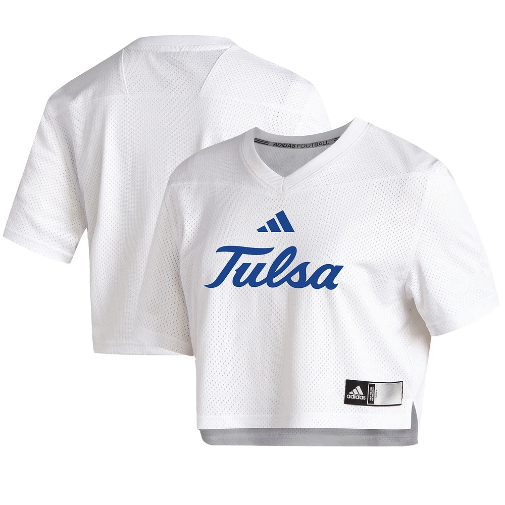 Women's adidas White Tulsa Golden Hurricane Cropped Jersey Top